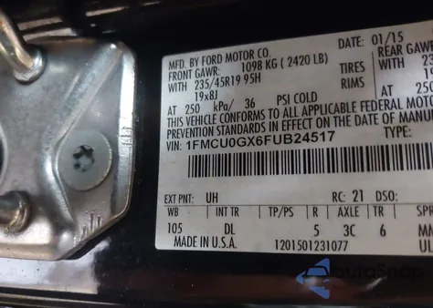 2015 Ford Escape Se из США, поврежденный, VIN 1FMCU0GX6FUB24517